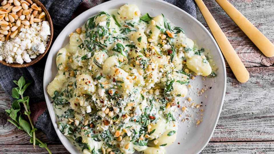 Creamy Gorgonzola Gnocchi with Spinach and Pine Nuts